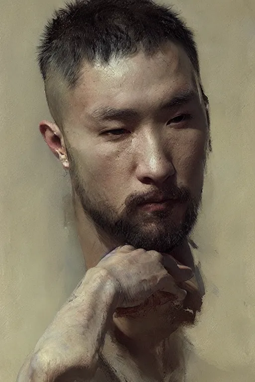 Prompt: beautiful bald kazakh guy with a short beard, painted by ruan jia, realistic, dramatic light