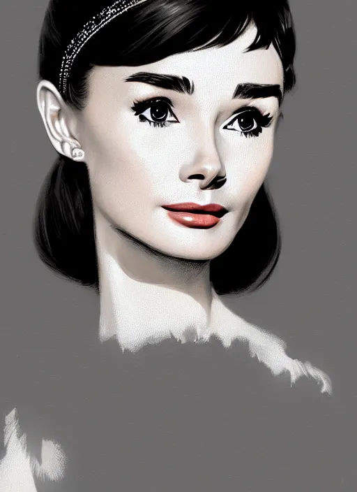 Image similar to portrait of audrey hepburn with bangs, 1 9 6 0 s, long hair, white hairband, bangs, intricate, elegant, glowing lights, highly detailed, digital painting, artstation, concept art, smooth, sharp focus, illustration, art by wlop, mars ravelo and greg rutkowski