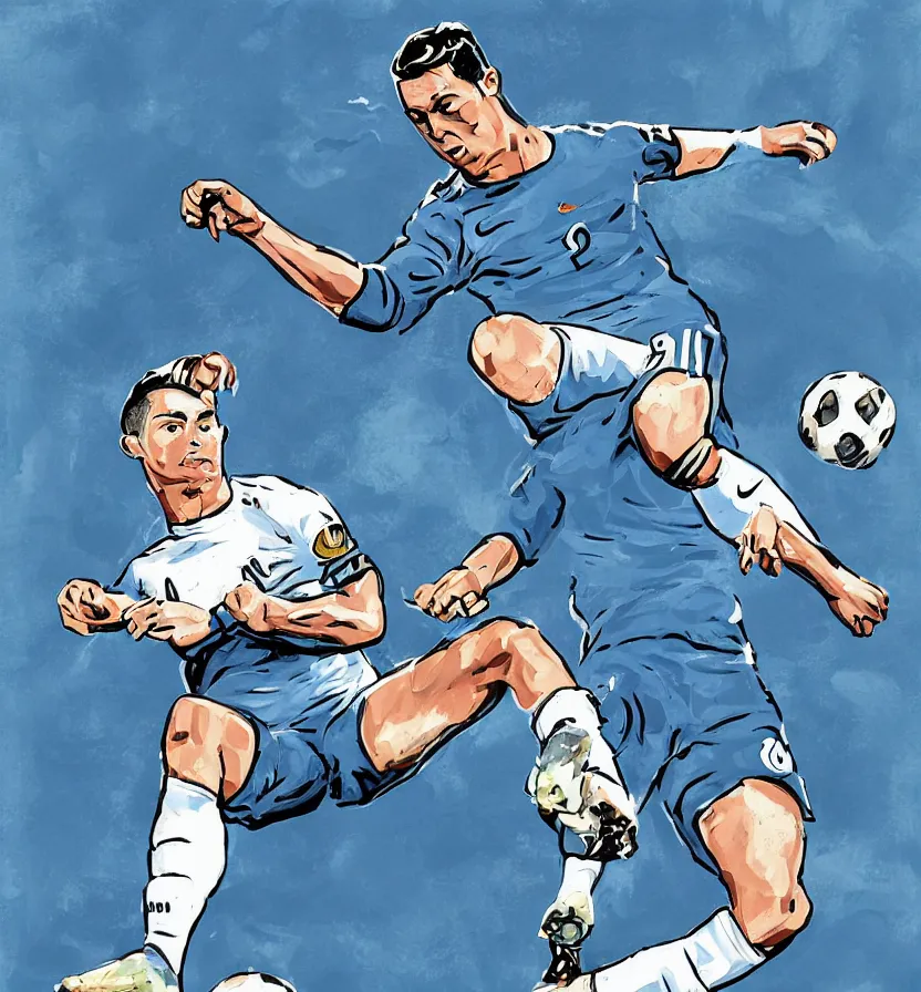 Prompt: cristiano Ronaldo tackling a blue meat ball in the style of illustration of wojtek siudmak, football, nike