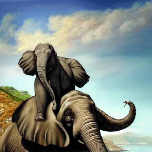 Prompt: close-up of Kim Jong-un riding an elephant on the edge of a cliff by the ocean, realism oil on canvas, 8k, highly detailed, highly intricate,