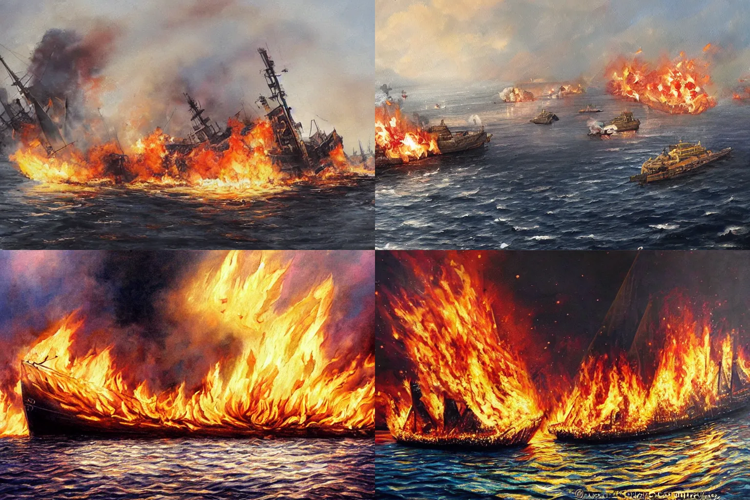 Prompt: realistic painting of burning ships