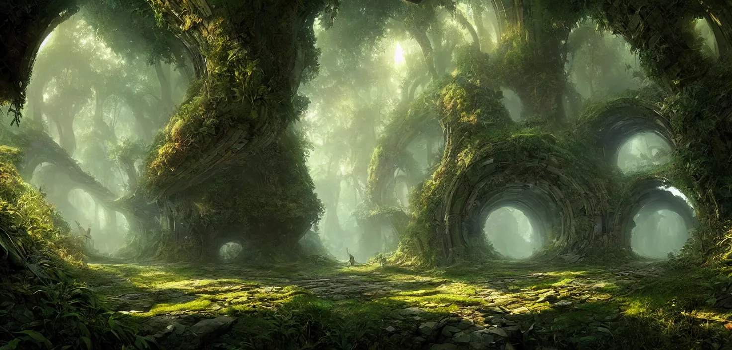 Image similar to tunnel in the middle of a forest, a matte painting by stephan martiniere, featured on cgsociety, fantasy art, matte painting, unreal engine 5, tesseract