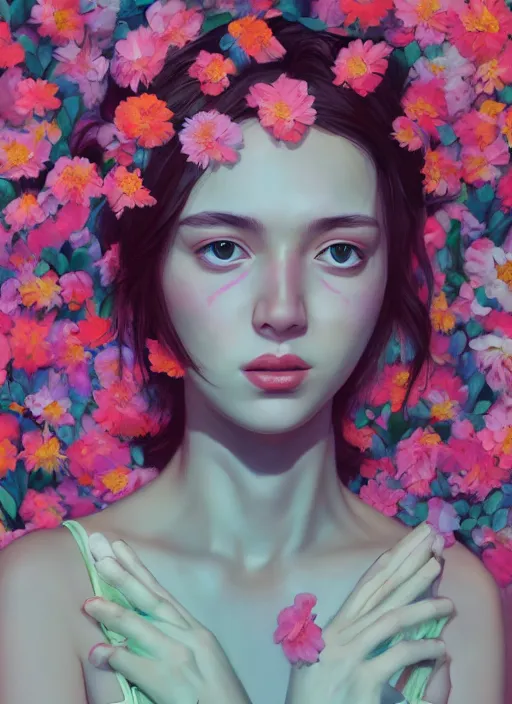 Image similar to still from music video, beautiful women blindfold, flowers, street clothes, full figure portrait painting by martine johanna, ilya kuvshinov, rossdraws, pastel color palette, 2 4 mm lens