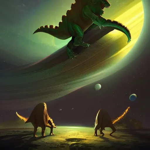 Prompt: Astronauts and green aliens are riding some dinosaurs on saturn's ring and saturn is as background, by Jordan Grimmer digital art, trending on Artstation,