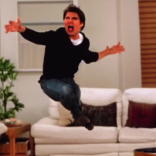 Prompt: tom cruise jumping on couch and screaming