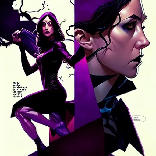 Image similar to rafael albuquerque comic cover art, artgerm, joshua middleton, pretty stella maeve witch doing black magic, serious look, purple dress, symmetrical eyes, symmetrical face, long black hair, twisted evil dark forest in the background, cool colors