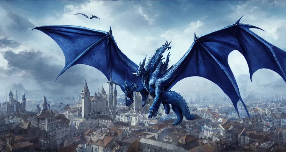 Image similar to single large dragon flying over medieval city, in style of artgerm and charlie bowater, 8k, hyper detailed, cold blue tones