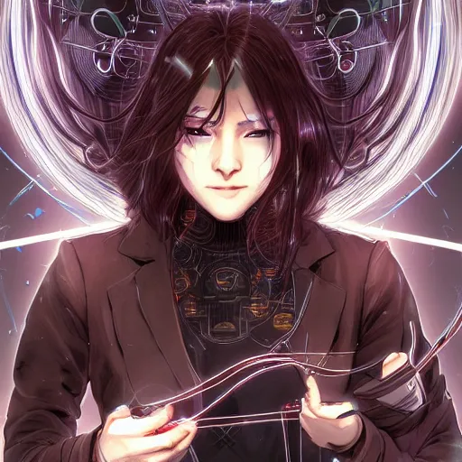 Image similar to Female mage, beautiful face, excited expression, brown flowing hair, symmetrical features, medical background, headshot, cyberpunk, luminescent, wires, cables, gadgets, Digital art, detailed, anime, artist Katsuhiro Otomo