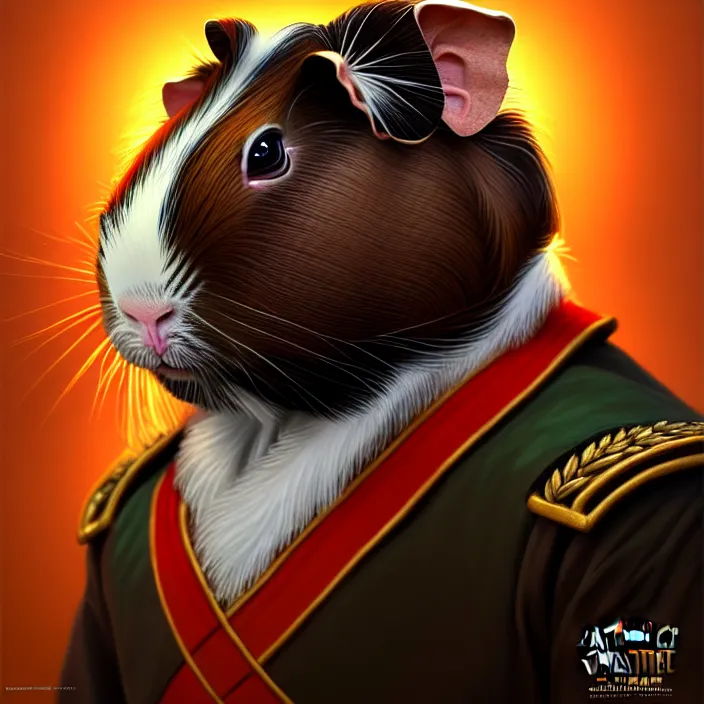 Image similar to guinea pig general wearing his uniform, looking proud as if he had won the battle. award winning, portrait bust, symmetry, faded colors, by larry elmore, masterpiece, trending on artstation, cinematic composition, beautiful lighting, hyper detailed!!!, 8 k, oil on canvas