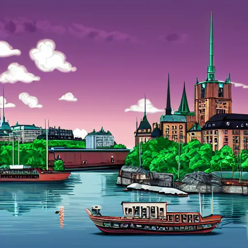 Image similar to stockholm, anime background art