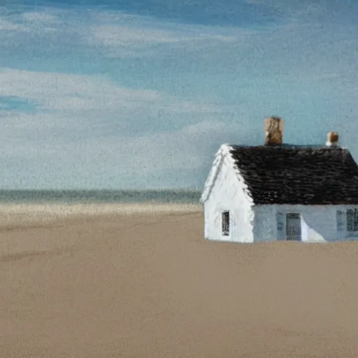 Image similar to a whitewashed cottage on a windswept beach