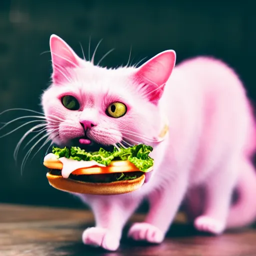 Image similar to photo of a pink cat, biting a hamburger, munching on a hamburger, eating a hamburger, pink cat