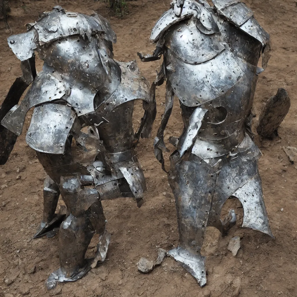 Prompt: archeological discovery of a suit of armor shaped like a lion