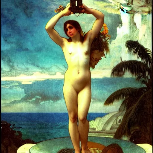 Image similar to Demon girl at the giant column, thunderstorm, greek pool, beach and palm trees on the background major arcana sky, by paul delaroche, alphonse mucha and arnold böcklin arnold böcklin hyperrealistic 8k, very detailed