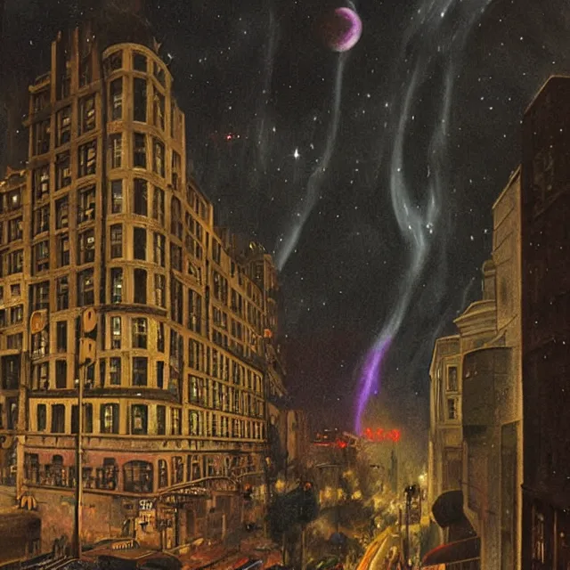 Prompt: ultra - realistic painting gothic 1 9 2 0 s 1 0 - storey hotel in downtown boston overlooking a dark street against a horrifying cosmic sky, atmospheric lighting, gloomy, foreboding