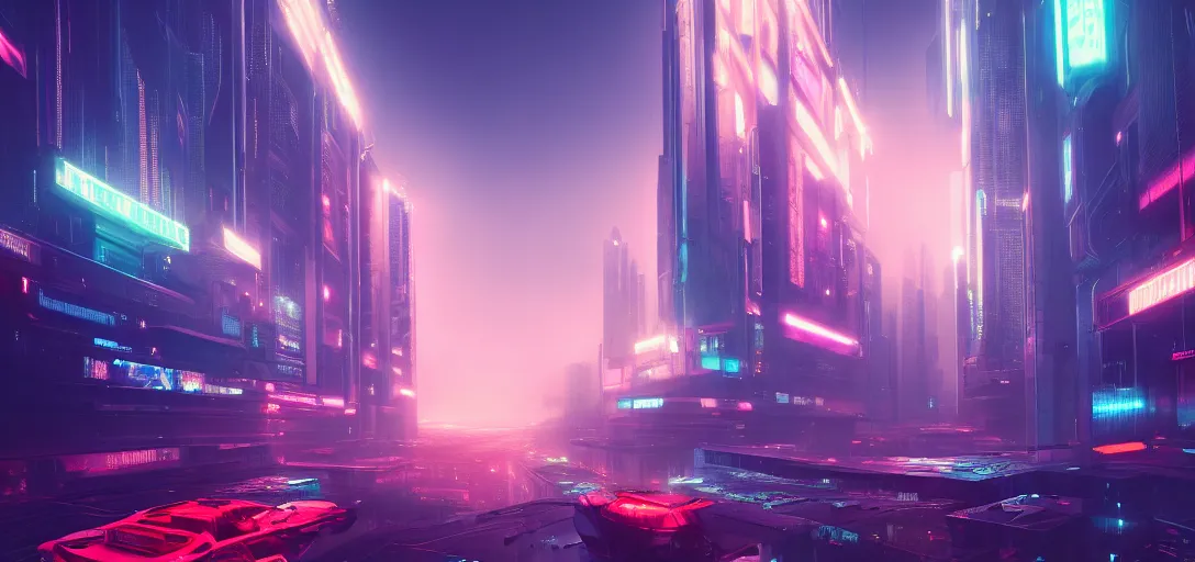 Image similar to view from the ground of a futuristic blade runner cyberpunk city, neon, horizon, fog, light rays, symmetry, cinematic lighting, ultra detailed, sharp, ambient occlusion, bloom, raytracing, by greg rutowski, paul chadeisson and jessica rossier