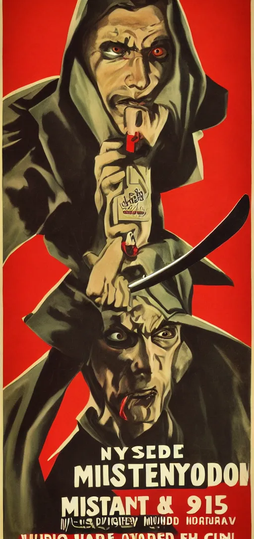 Image similar to mistery man in hood and red eyes with a knife, 1940s propaganda poster, full hd,highly detailed