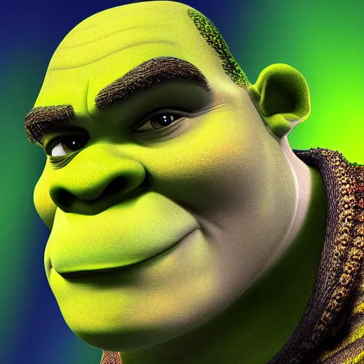 Prompt: a detailed digital art of Shrek in the style of Alex Grey, 8k, ornate, intricate