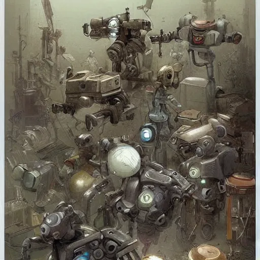 Image similar to cluttered inventors workshop full of robots . muted colors. by Jean-Baptiste Monge !!!!!!!!!!!!!!!!!!!!!!!!!!!