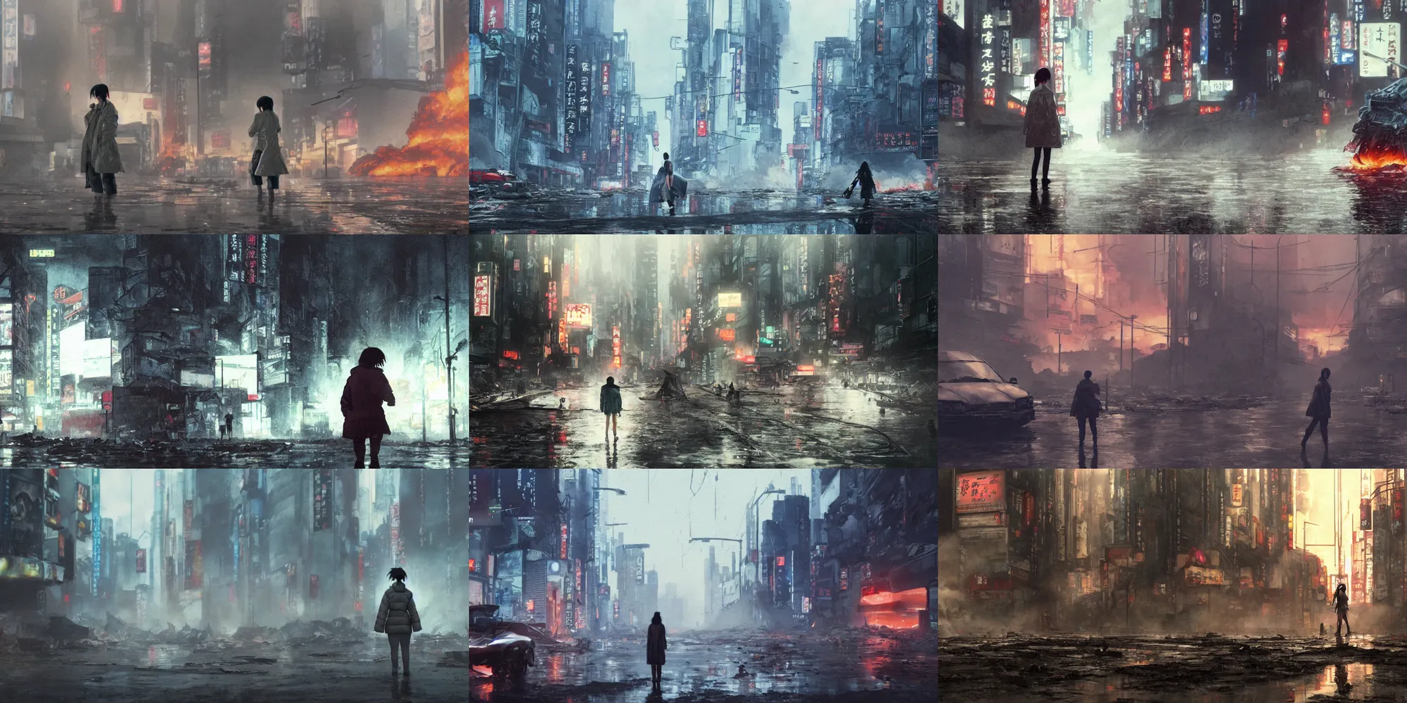 Prompt: incredible wide screenshot, ultrawide, simple water color, paper texture, katsuhiro otomo ghost in the shell movie scene, backlit death defying action shot girl in parka, wet dark road, parasol in deserted junk pile shinjuku,, earthquake destruction, reflection, thick fog, smoke, destroyed robots, blazing fire, burning bus inferno