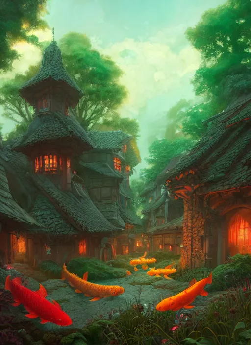 Prompt: subsurface scattering, medieval village in the middle of lush forest, glowing monsters running by, vibrant colors, ( ( ( koi colors ) ) ), octane render, jesper ejsing, james jean, justin gerard, tomasz alen kopera, fenghua zhong, makoto shinkai, highly detailed, digital art, cinematic lighting, 8 k