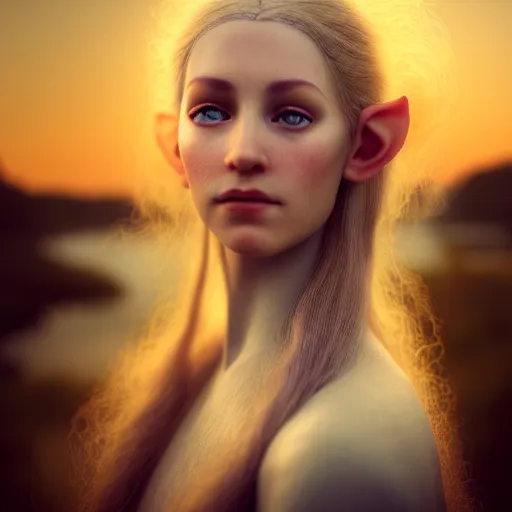 Image similar to photographic portrait of a stunningly beautiful english elven queen renaissance female in soft dreamy light at sunset, beside the river, soft focus, contemporary fashion shoot, in a denis villeneuve and tim burton movie, by edward robert hughes, annie leibovitz and steve mccurry, david lazar, jimmy nelsson, extremely detailed, breathtaking, hyperrealistic, perfect face, octane render