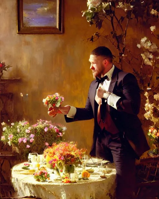 Prompt: tom hardy admiring a table full of flowers, golden hour painting by gaston bussiere, craig mullins, j. c. leyendecker