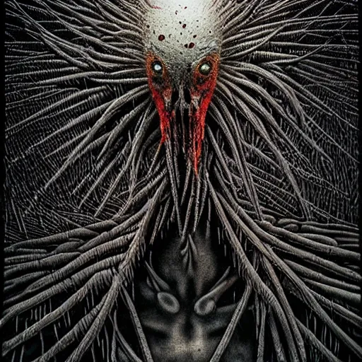 Prompt: horrifying mutant bird made of electricity fused with thousands of birds, thousand heads, mutilated, horror, blood, heavy damage, post apocalyptic, dystopian surrealism, grey, zdzisław beksinski, sad atmosphere, volumetric light, style giger, alex ries, symmetry accurate features, symmetry accurate features, very intricate details, high resolution, intricate