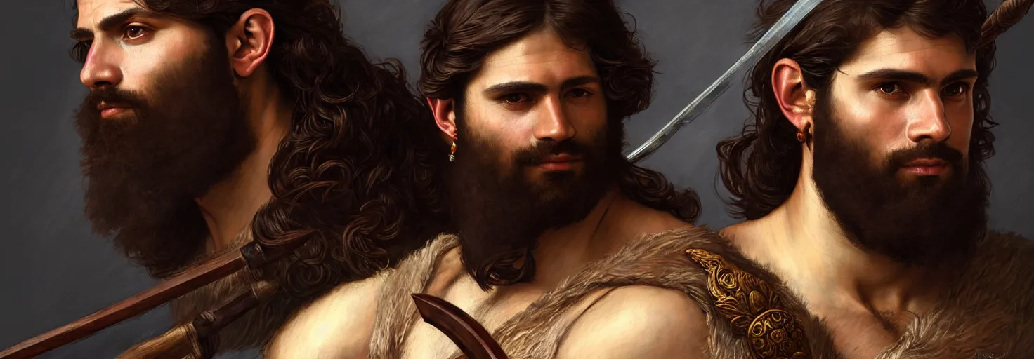 Prompt: renaissance upper body portrait of a gruff ranger with a spear, afghani, lean and toned, handsome face, hairy chest, D&D, intricate, elegant, highly detailed, digital painting, artstation, concept art, matte, sharp focus, illustration, art by da Vinci, Artgerm and Greg Rutkowski and Alphonse Mucha