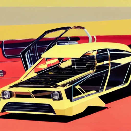 Image similar to concept art for a car with built - in bbq pit, illustrated by syd mead, high quality