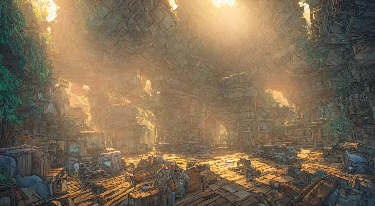 Image similar to open door wood wall fortress airship greeble block amazon jungle on portal unknow world ambiant fornite colorful radiating a glowing aura global illumination ray tracing hdr that looks like it is from borderlands and by feng zhu and loish and laurie greasley, victo ngai, andreas rocha, john harris