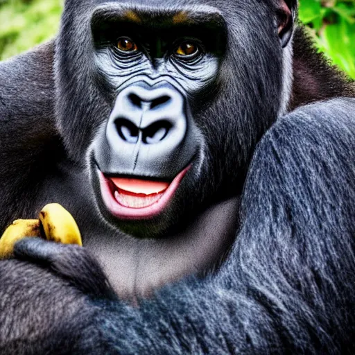 Prompt: big gorilla with human face maneating eating bananas in the hood, 8k resolution, full HD, cinematic lighting, award winning, anatomically correct