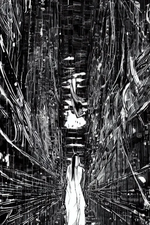 Prompt: beautiful coherent award-winning manga cover art of a mysterious lonely anime woman traversing an endless concrete hallway, by tsutomu nihei