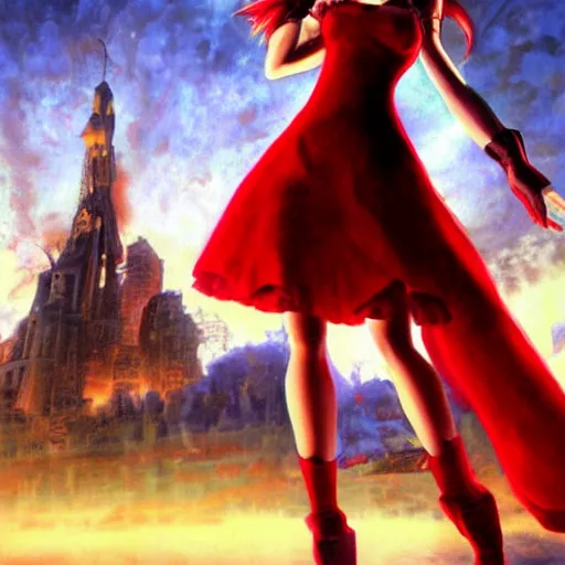 Image similar to oil painted portrait of aerith gainsborough from from final fantasy 7 in her signature red dress with the steam punk city midgard as backdrop, by master artist yoshitaka amano trending on artstation