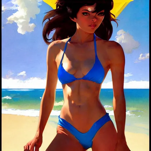 Prompt: greg manchess painting of tracer wearing a bikini in a beach, medium shot, organic painting, sunny day, bold shapes, hard edges, street art, trending on artstation, by huang guangjian and gil elvgren and sachin teng and artgerm and greg rutkowski and alphonse mucha