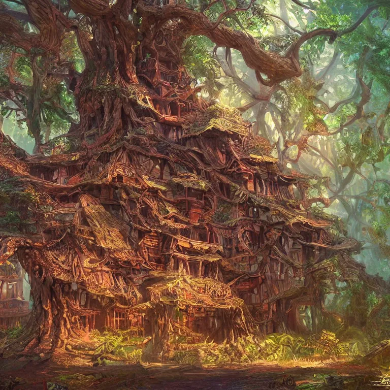 Prompt: a wooden palace growing from a tree, wild colors, intricate, highly detailed, digital painting, artstation, concept art, smooth, sharp focus, illustration, art by john avon, Lucas Graciano, Sarah Finnigan, sharp, smooth