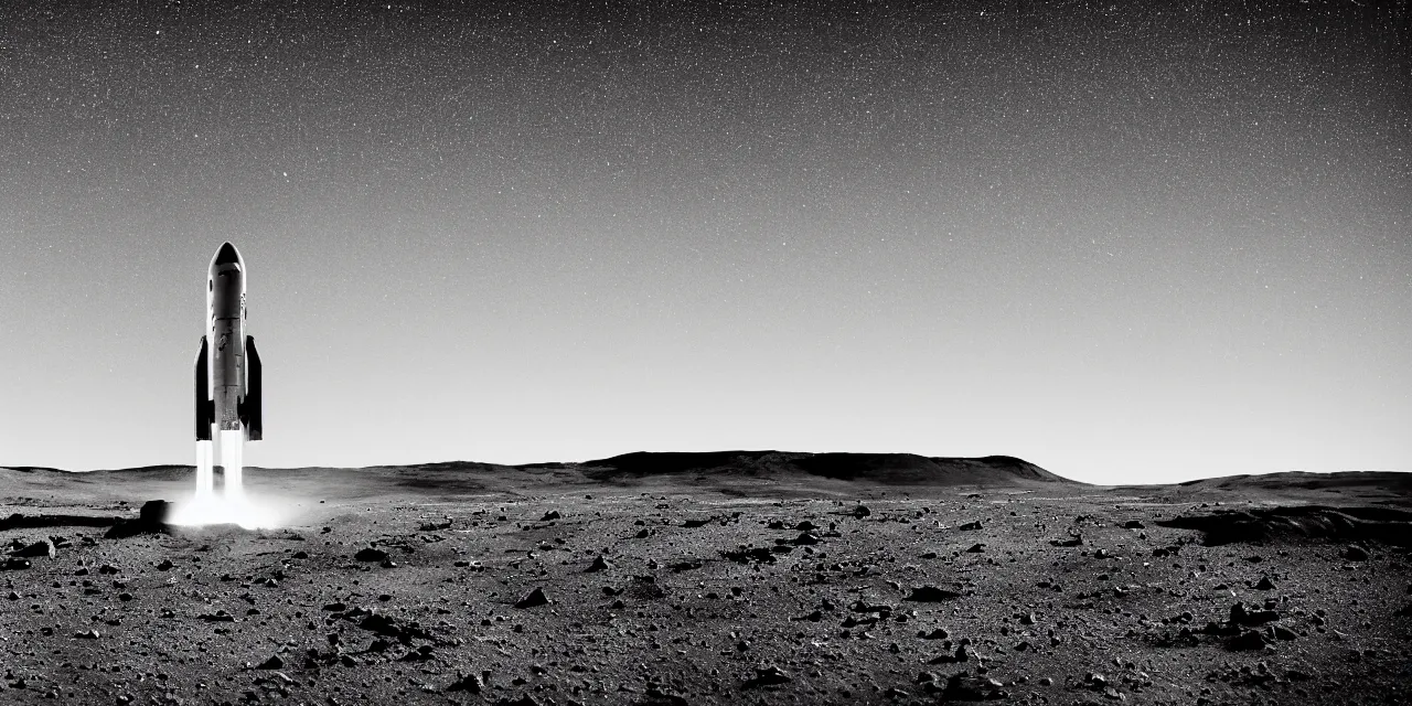 Image similar to 1 7 mm, black and white photo of a rocket landing on mars, black background with stars, cinematic film still, high contrast, astrophotography, 4 k