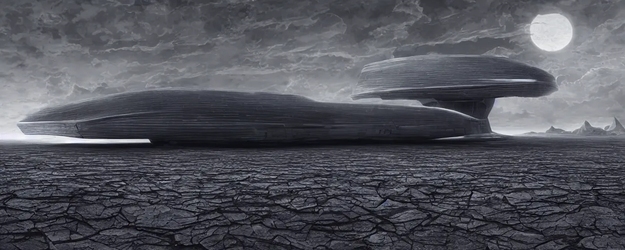 Image similar to a large ominous and geometric spaceship, streamlined and very large and long floating over a barren dry land with an epic cloud formation on the background by HR GIger, Dariusz Zawadzki, Neil blevins, Feng Zhu, gustave doré, zhuoxin ye, very detailed, octane render, 8k, oranate and brooding, scary and dark, canon 24mm lens