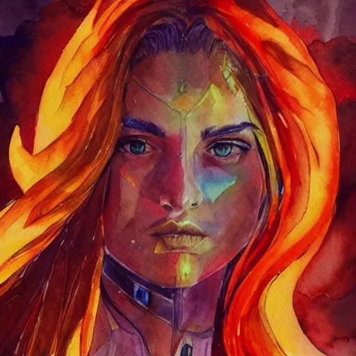 Image similar to water color art on paper, fire elf portrait, highly detailed, award - winning artstation, masterpiece