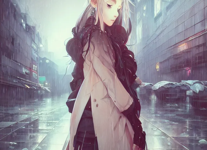 Prompt: full body portrait of beautiful anime girl standing in the rain, holding a sword, wearing an oversized jacket, an ultrafine illustration by loish, artgerm, greg rutkowski, intricate linework, urban nighttime setting, neon lights illuminating, unreal engine 5, global illumination, detailed environment, trending on artstation.