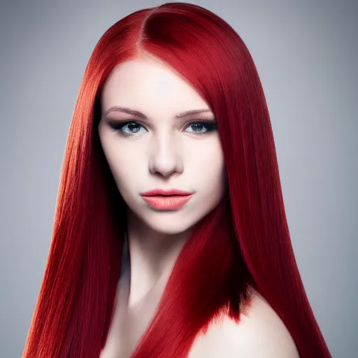 Prompt: Portrait of a young, stunningly beautiful woman with red straight hair on the right half of her head and white straight hair on the left half, award-winning photo, 4k, 8k, studio lighting, Nikon D6, 35mm