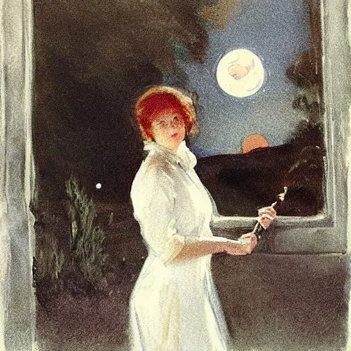 Prompt: a young edwardian woman wearing a white dress, playing guitar in a window at night, the sea and a beach and the moon is visible in the background, in the style of anders zorn