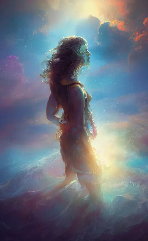 Prompt: the great beyond, sharp focus, intricate, elegant, digital painting, artstation, matte, highly detailed, concept art, illustration, volumetric lighting, gold and blue and pink color scheme, bokeh light, art by greg olsen and liz lemon swindle