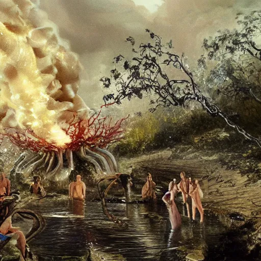 Prompt: a cinematic painting of alien tentacles emerging from the water of a river, hoards of people are gathering around the riverbed, fire blowing the leaves from the trees
