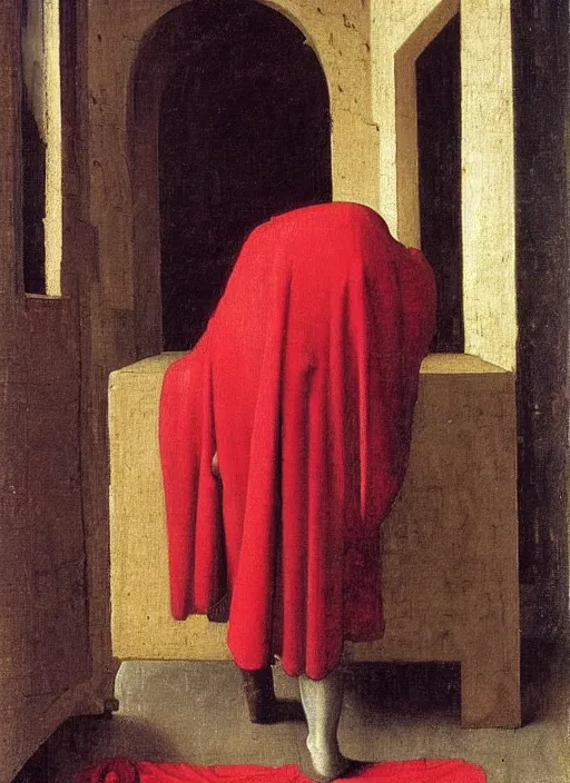 Image similar to red cloth on the floor, medieval painting by jan van eyck, johannes vermeer, florence