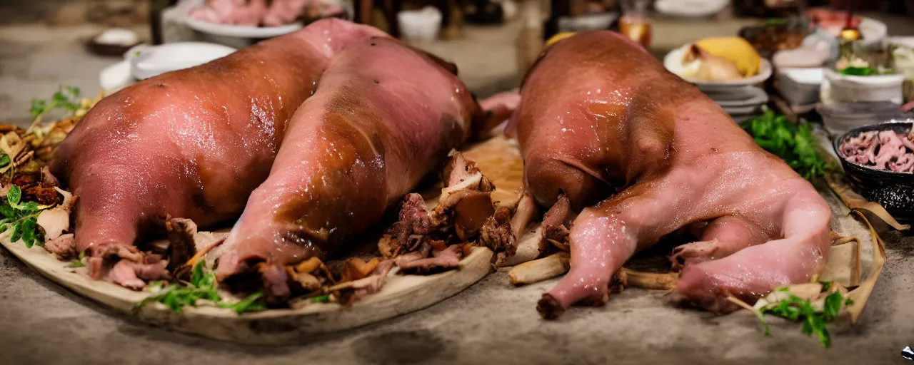 Image similar to lechon baboy, spit roast pig, depth of field, food photography, isometric, tasty, wide shot, studio, bokeh, gmaster, cooking, food, kodak, sony, canon