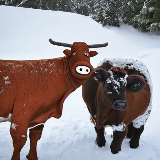 Prompt: a cow fursuit in the snow
