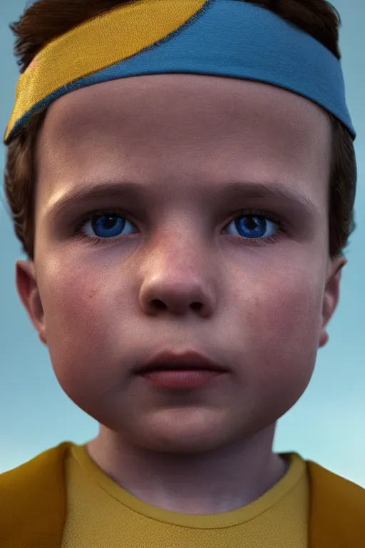 Image similar to hyperrealistic little boy close - up portrait, the portrait is decorated with art deco patterns, hyperrealistic, volumetric lighting, ultra detailed, elegant, octane render, blue and gold, 8 k, trending on artstation, unreal engine