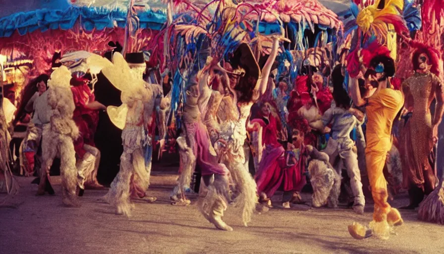 Image similar to movie still by alejandro jodorowsky of a carnival in the desert, cinestill 8 0 0 t eastmancolor technicolor, high quality, very detailed, heavy grain, fine facial features, 8 k, octane render