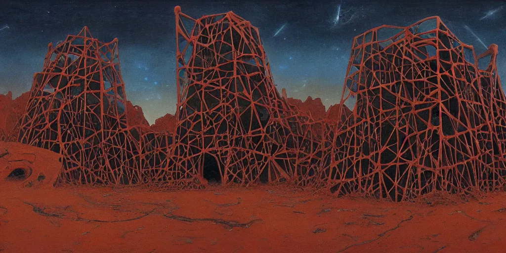 Image similar to supernova, mars red desert, neo brutalism babylon tower made from whale skeleton, painted by steve mccurry, terror, dark gloomy atmosphere, foggy, ruan jia, raymond swanland, lawrence alma tadema, zdzislaw beksinski, norman rockwell, jack kirby, tom lovell, alex malveda, greg staples